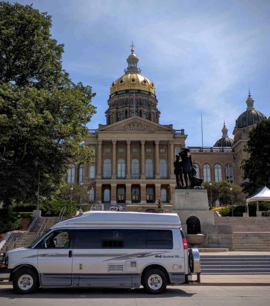 Class B RV in front of Iowa Capitol
