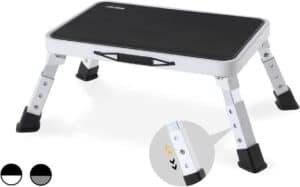 Portable outdoor folding step stool for hiking, camping, and trekking activities, lightweight and durable, perfect for outdoor adventures and rugged terrains.