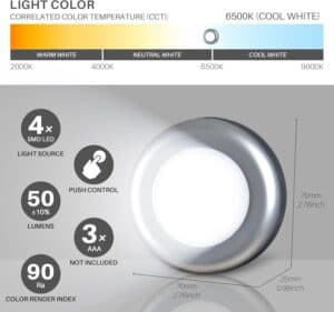 High-quality LED camping light with push control, 50 lumens brightness, and compact 70mm size, perfect for outdoor trekking, hiking, and camping adventures. Features 4 SMD LEDs for efficient illumination.