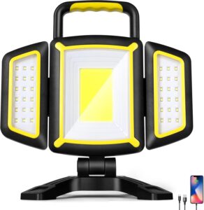 Bright LED rechargeable work light with adjustable stand for camping, hiking, and outdoor Trekking gear.