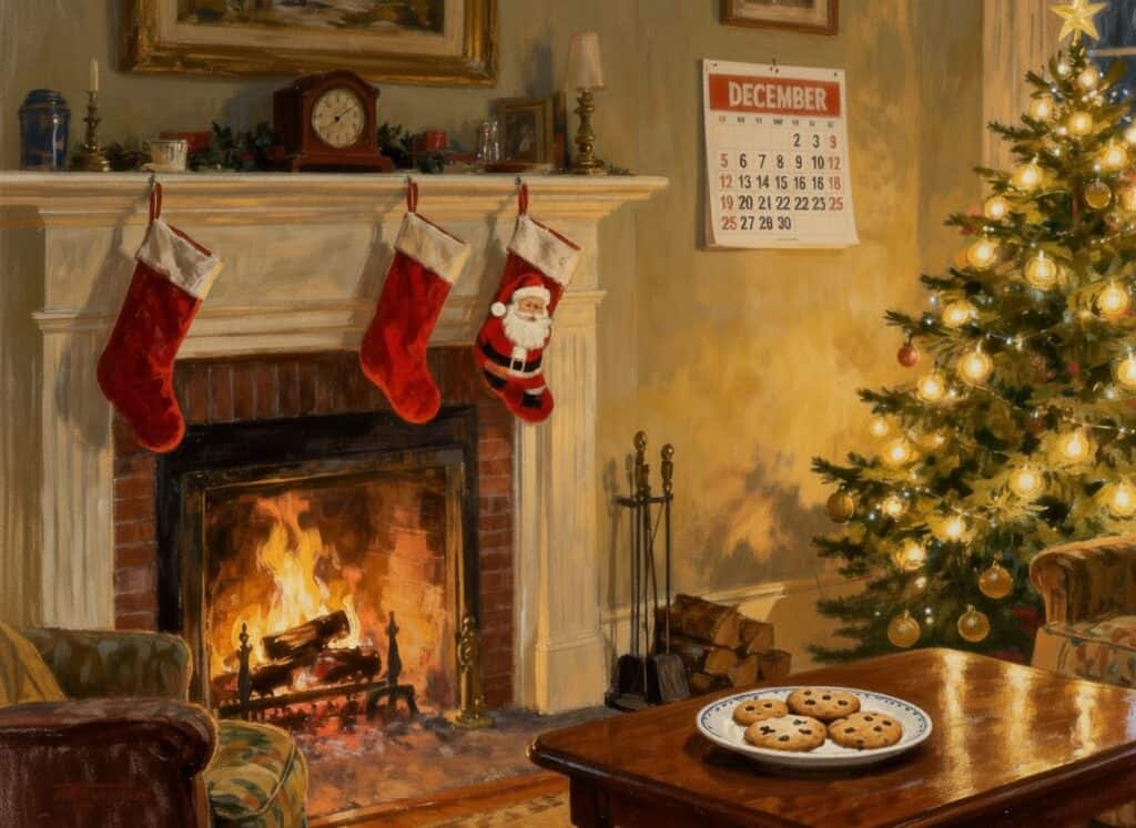 Cozy Christmas living room with decorated tree, stockings, fireplace, and cookies, capturing festive holiday spirit and warmth. Perfect for holiday decoration, family celebrations, and Christmas traditions.