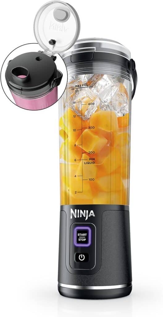 1. Portable blender for smoothies, shakes, and fruit juices, with a transparent container, LED control button, and USB rechargeable motor, ideal for travel and outdoor activities.