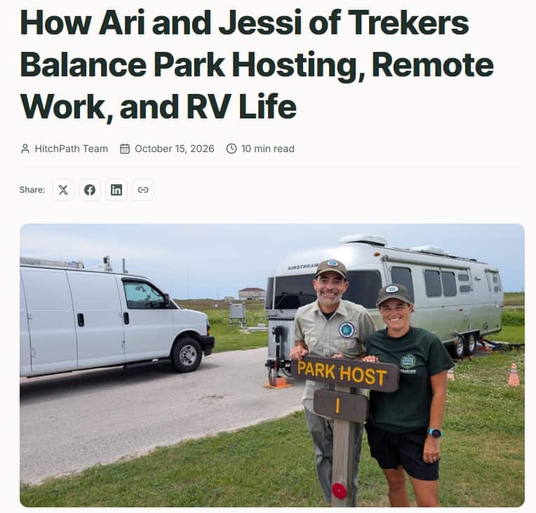 Ari and Jessi of Trekers standing at Mustang Island State Park with RVs in the background, near a park host sign, showcasing their remote work and RV lifestyle.